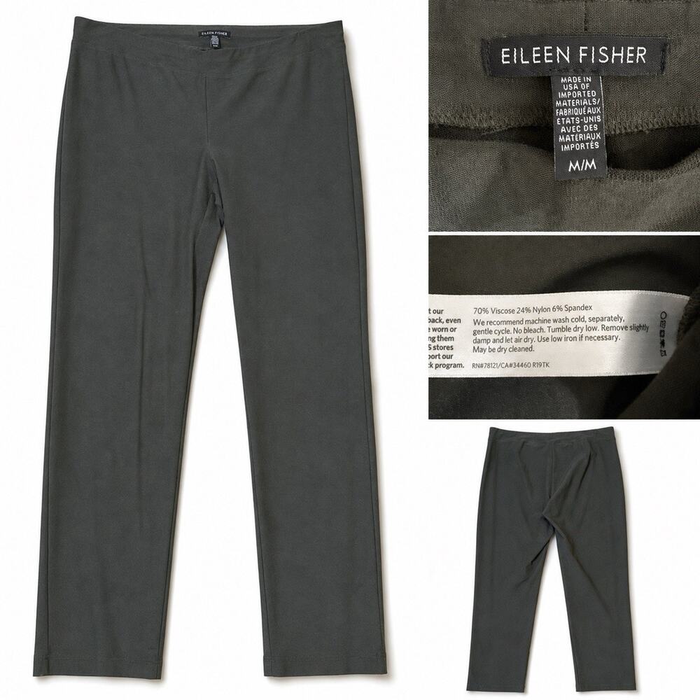 Eileen Fisher M Olive Green Washable Stretch Crepe Slim Ankle Pull-On Pants